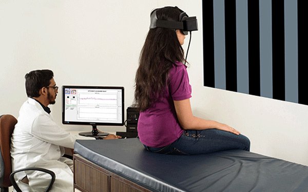 Vestibular (balance) testing with video goggles at Prism Hearing, Pune